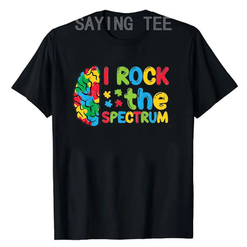 Autism Brain I Rock The Spectrum Awareness Boys Girls Kids T-Shirt Puzzle Blue Ribbon Rainbow Infinity Outfit Saying Tee Gifts