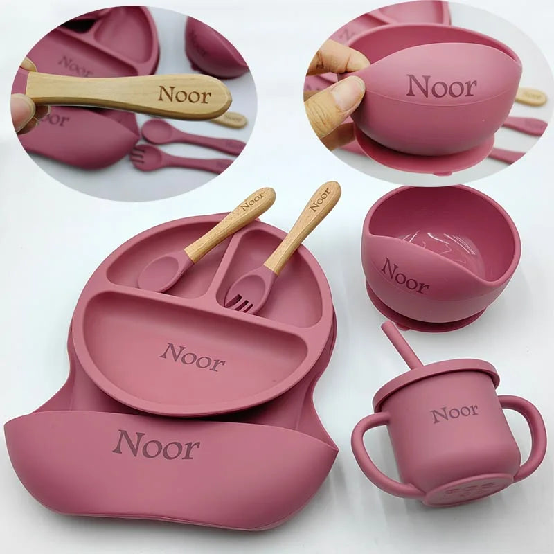 6Pcs Silicone Tableware For Kids Baby Feeding Sets Sucker Bowl Dining Plate Spoon Fork Bib Cup Personalized Name Children's Gift