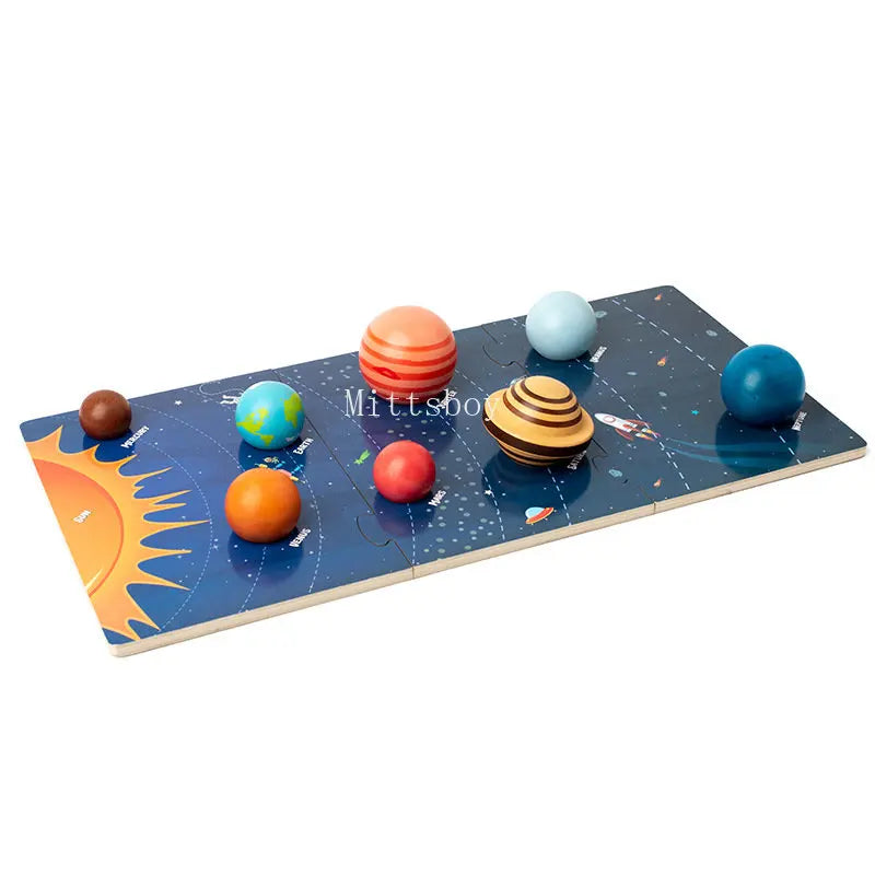 Baby Montessori Wooden Early Education Toys 3D Eight Planets Puzzle Toy Universe Cognition Solar System Planet Matching Board