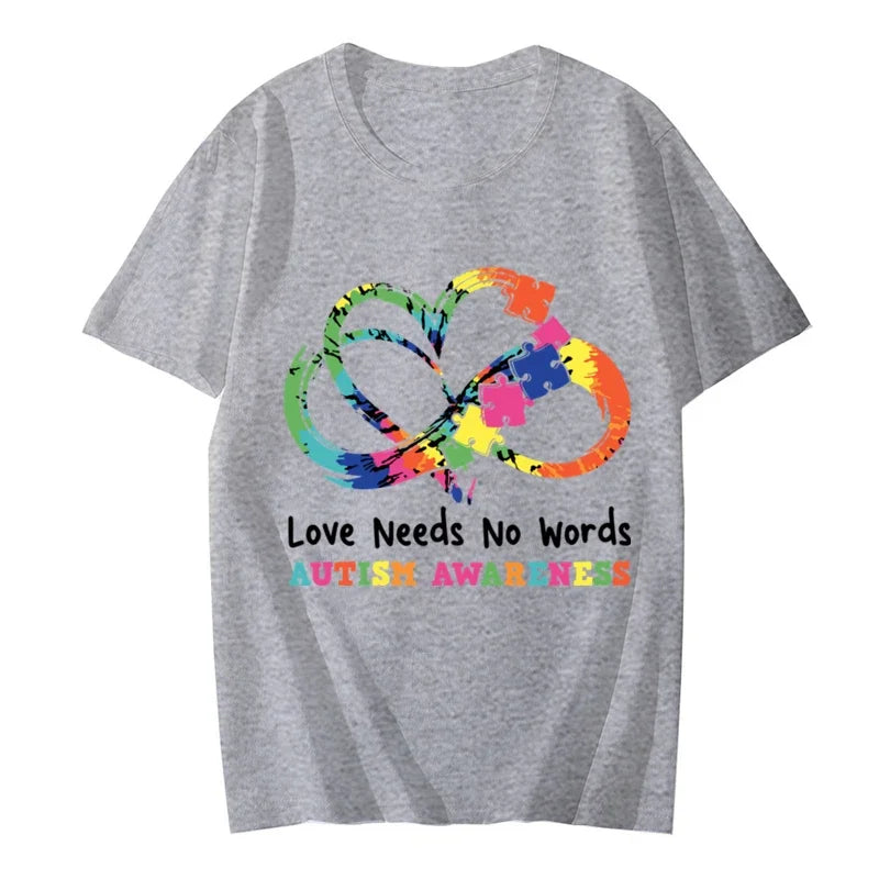 Fashion T-shirt for Women Kids Tops Love Needs No Words Print Women's Clothing Casual Autism Awareness Kawaii Tees Y2k Clothes