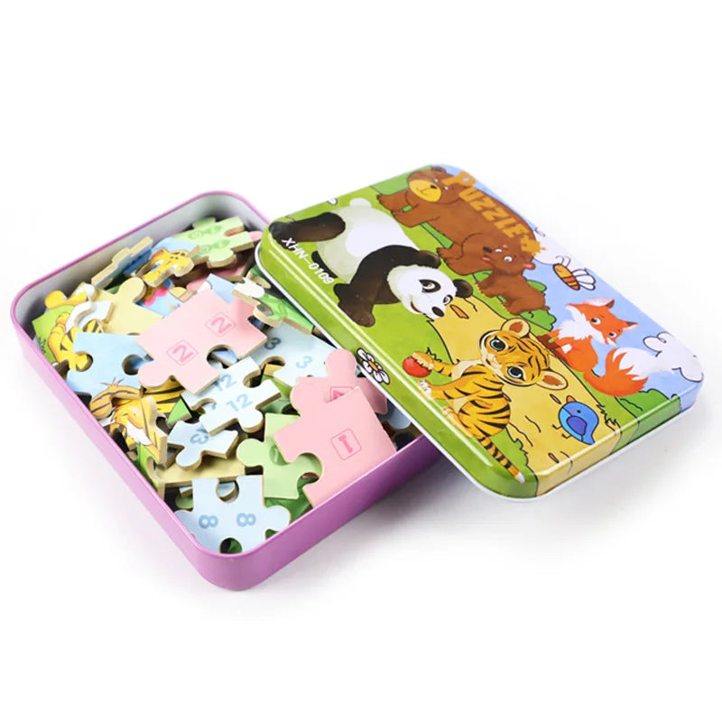 Kindergarten Children Wooden Puzzle 9/12/15/20 Pcs 4 in 1 Cartoon Animal Jigsaw with Iron Box Kids Educational Toy