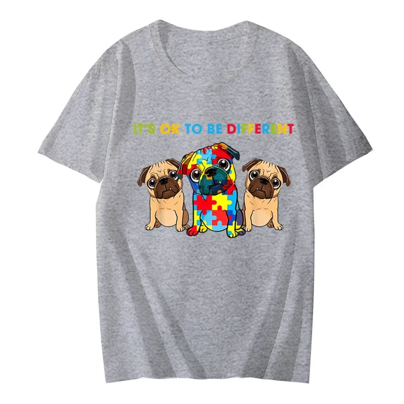 Cute Pug Dogs It's Ok To Be Different Autism Awareness Women T Shirt Summer Tee Shirt Streetwear Hip Hop for Kids Female Tops