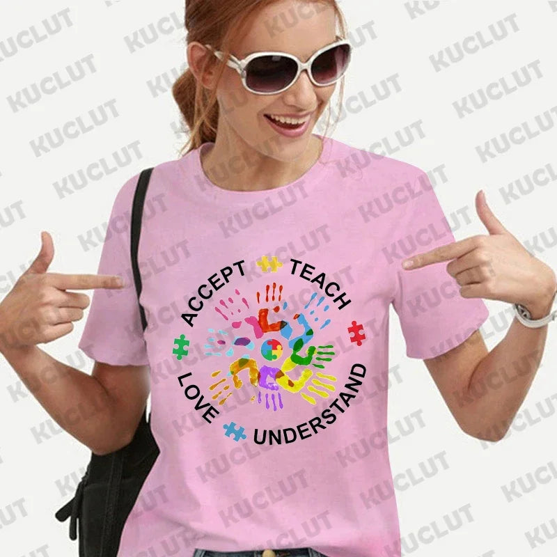 Autism Awareness Shirt for Women Teach Accept Understand Love T-shirts Neurodivergent Tshirts Autism Support Tee Shirt Y2k Tops