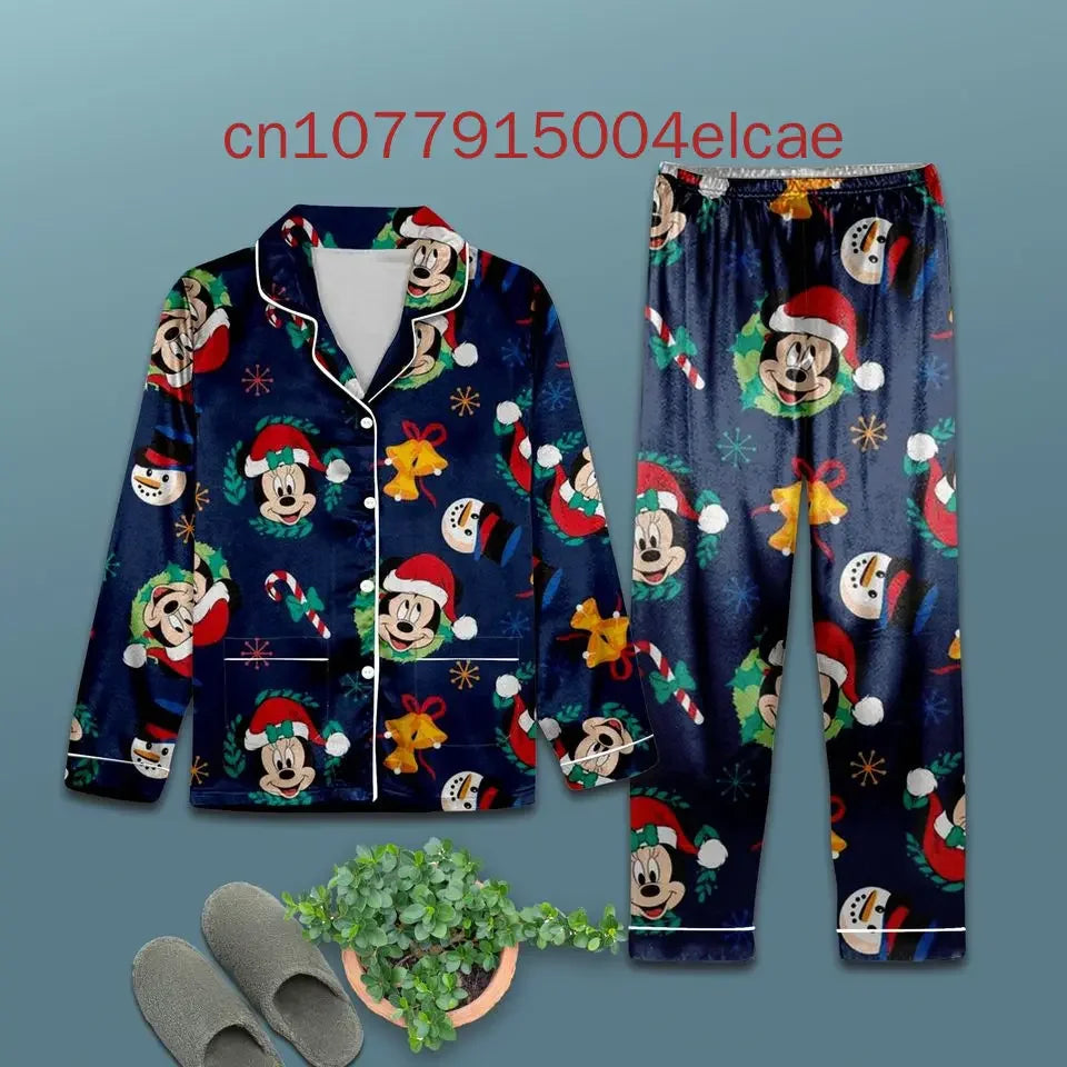 New Christmas Mickey Mouse Pajama Set 3D Printed Disney Casual Men's and Women's Long Sleeved Shirt Pajama Set