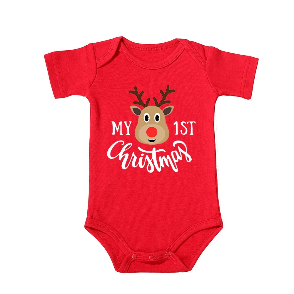 My First Christmas Kids Red Short Sleeve Jumpsuit Fashion Toddler Boy Girl Infant Outfit Clothes Cute Deer Print Xmas Best Gift