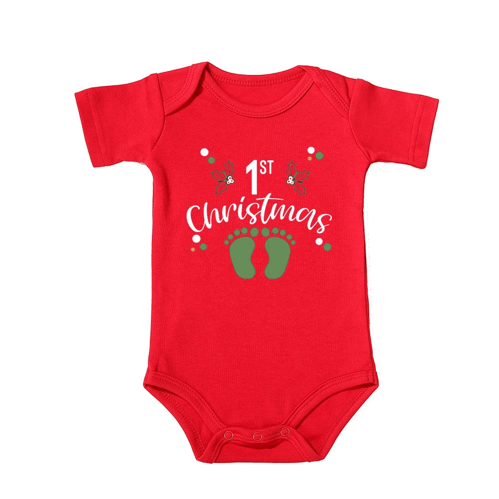 My First Christmas Kids Red Short Sleeve Jumpsuit Fashion Toddler Boy Girl Infant Outfit Clothes Cute Deer Print Xmas Best Gift