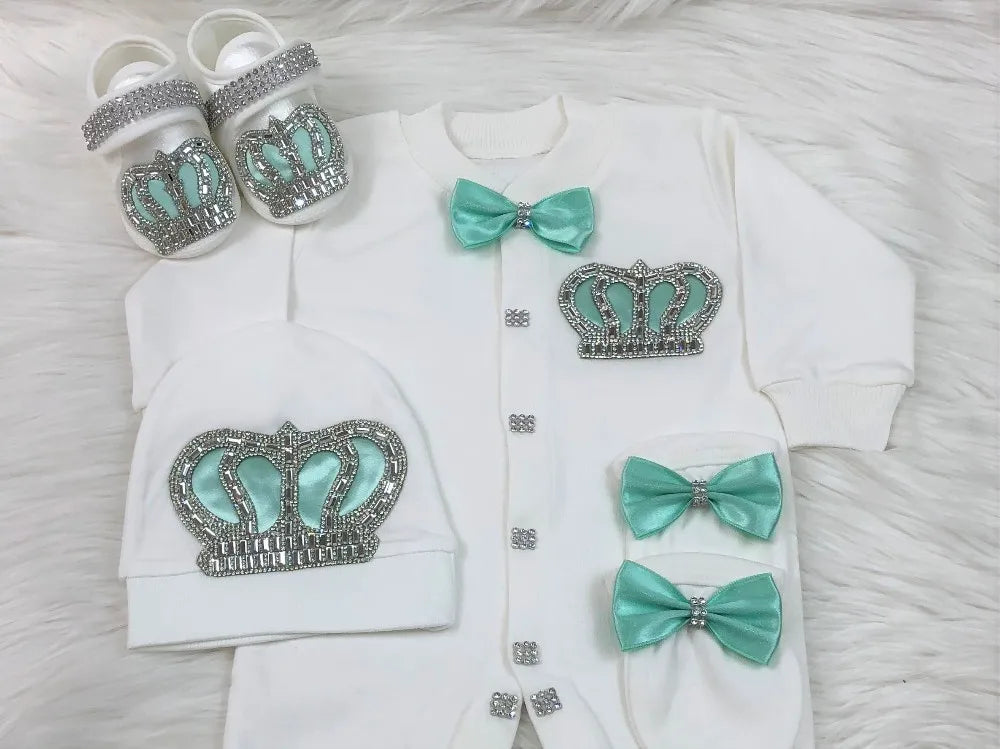 Dollbling Emerald Gold Crystal Luxury Baby Bling Romper Set My 1st Christmas Photography 4pcs Romper Hat Mittens Shoes Set