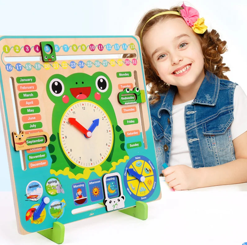 Montessori Wooden Frog Clock Toys For Kids Weather Season Calendar Clock Time Cognition Educational Toy for Children Preschool