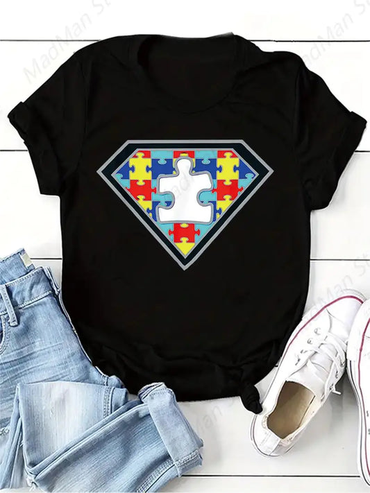 Love Autism Awareness Heart T-Shirt Print T shirt Girl Casual Regular Tops Tee Lady Clothes Summer O-neck Short Sleeve