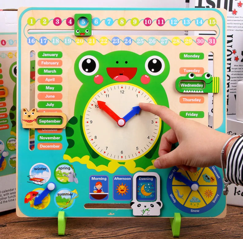 Montessori Wooden Frog Clock Toys For Kids Weather Season Calendar Clock Time Cognition Educational Toy for Children Preschool