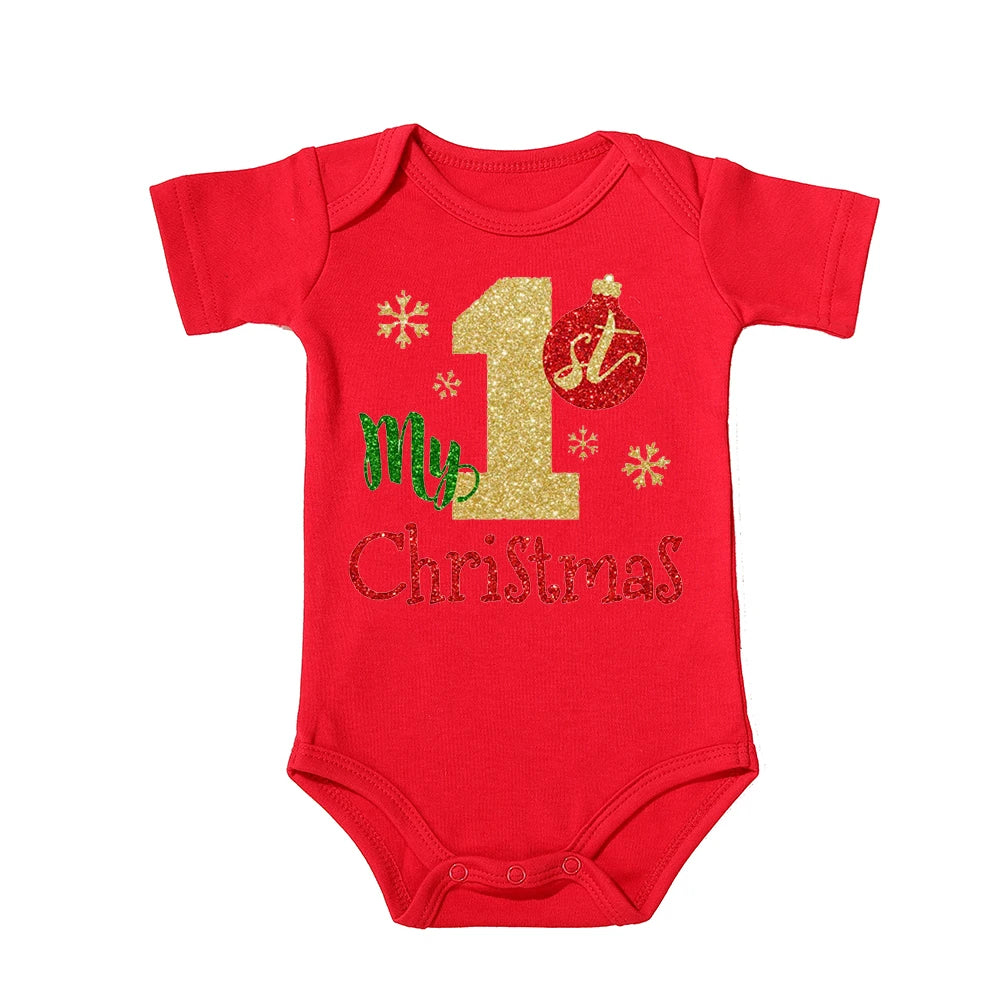 My First Christmas Kids Red Short Sleeve Jumpsuit Fashion Toddler Boy Girl Infant Outfit Clothes Cute Deer Print Xmas Best Gift