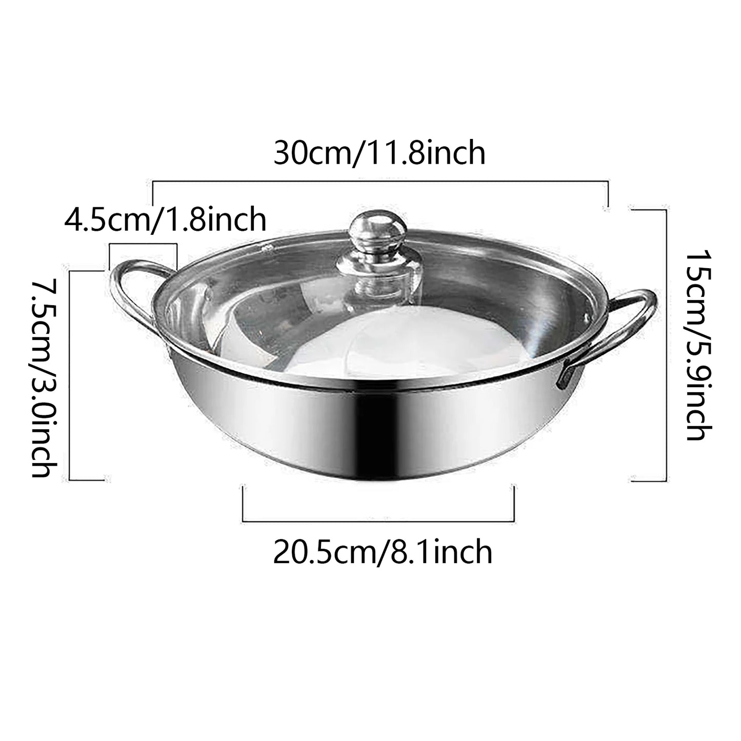 Hot Pot Dual Site Divider 12" Stainless Steel Pot with Glass Lid Household Double-Flavor Hot Pot Double Grid Pot Divider Pot