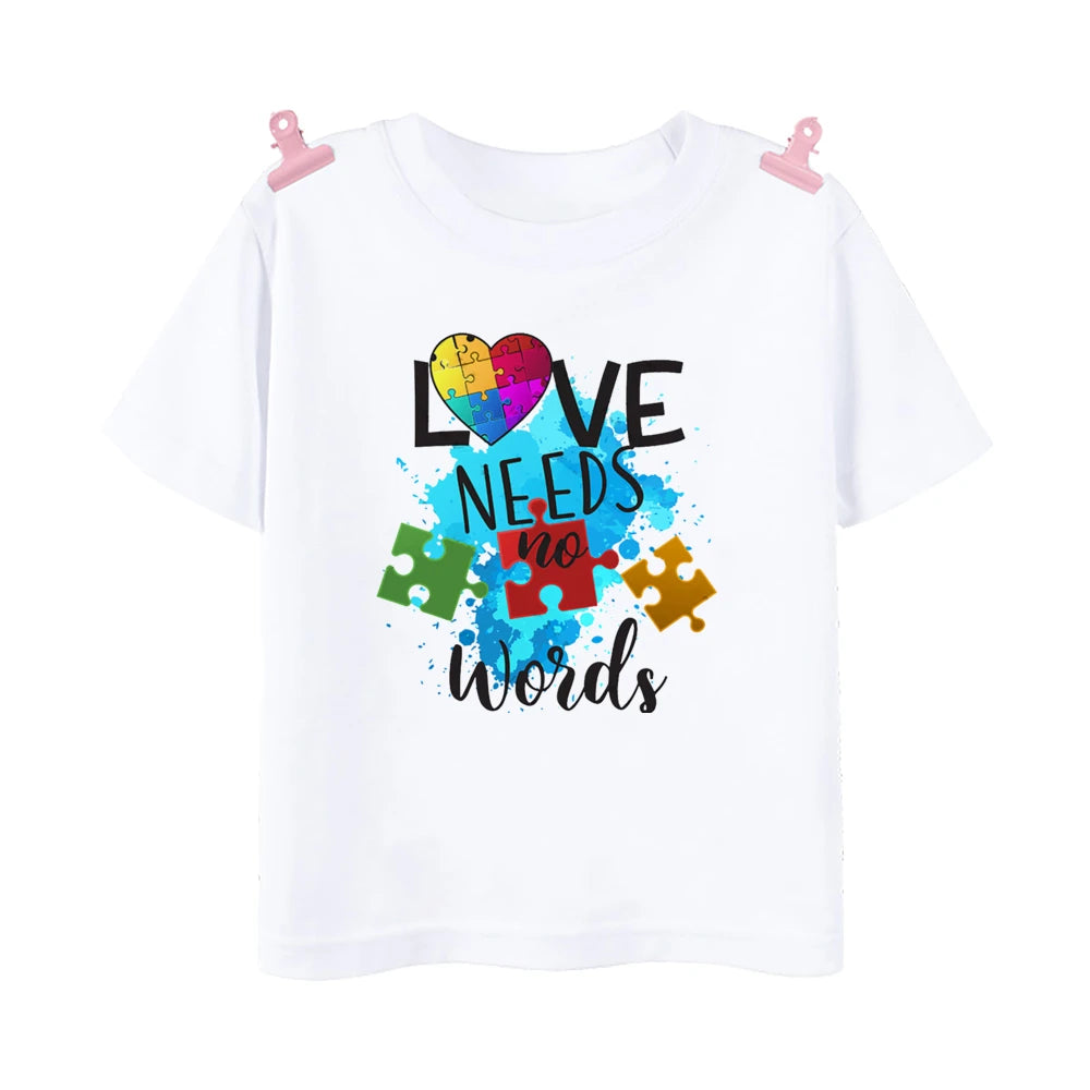 Love Need No Words Print T-shirt Tops Autism Awareness Shirt Autism Kids TShirt Puzzle Piece Autism T Shirt Gifts for Children