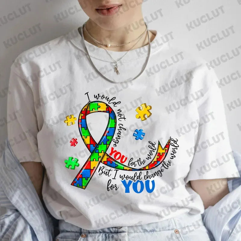 Women Clothes Autism Awareness Puzzle T-shirt Y2k Graphic Autism Mom Print Tops Fashion Short Sleeve Tees Female Clothing