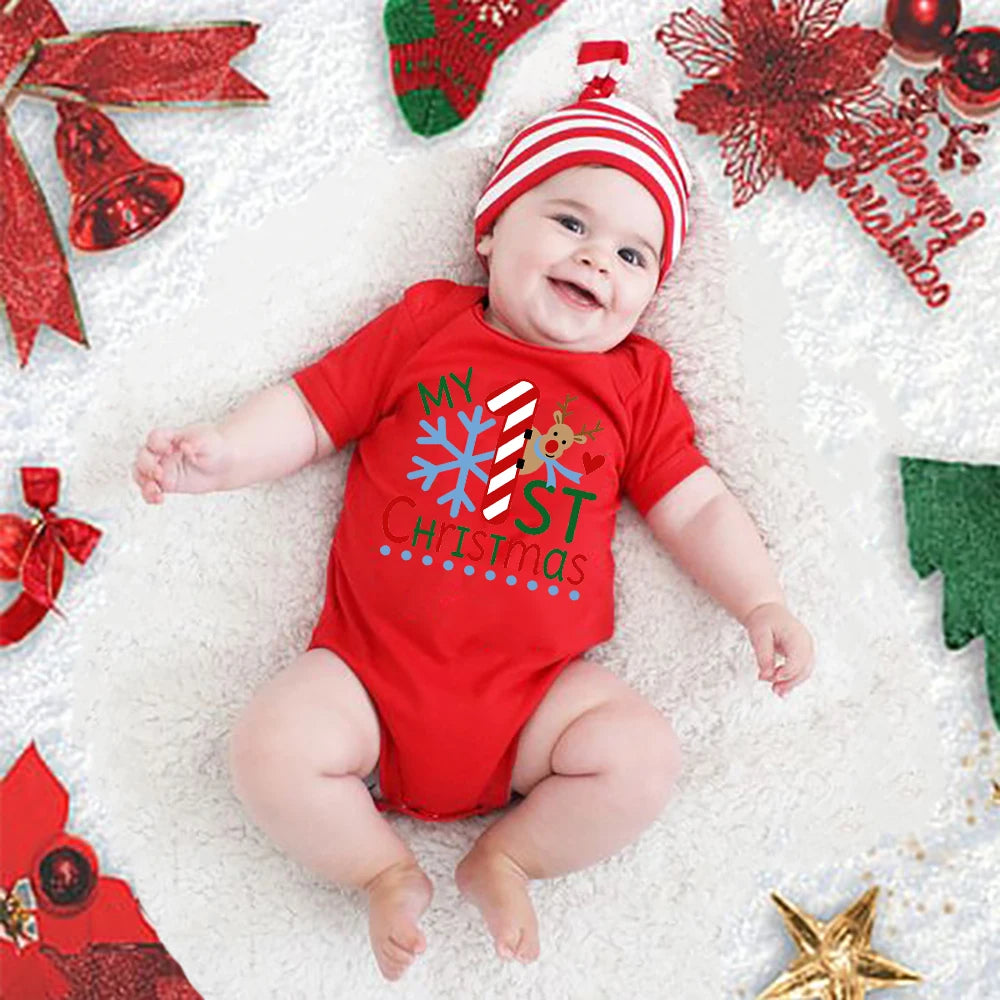 My First Christmas Kids Red Short Sleeve Jumpsuit Fashion Toddler Boy Girl Infant Outfit Clothes Cute Deer Print Xmas Best Gift