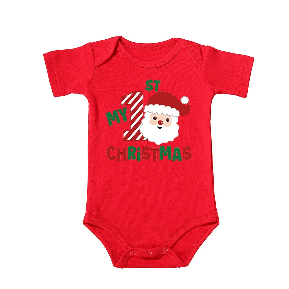 My First Christmas Kids Red Short Sleeve Jumpsuit Fashion Toddler Boy Girl Infant Outfit Clothes Cute Deer Print Xmas Best Gift