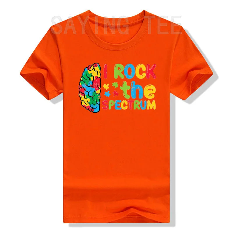 Autism Brain I Rock The Spectrum Awareness Boys Girls Kids T-Shirt Puzzle Blue Ribbon Rainbow Infinity Outfit Saying Tee Gifts