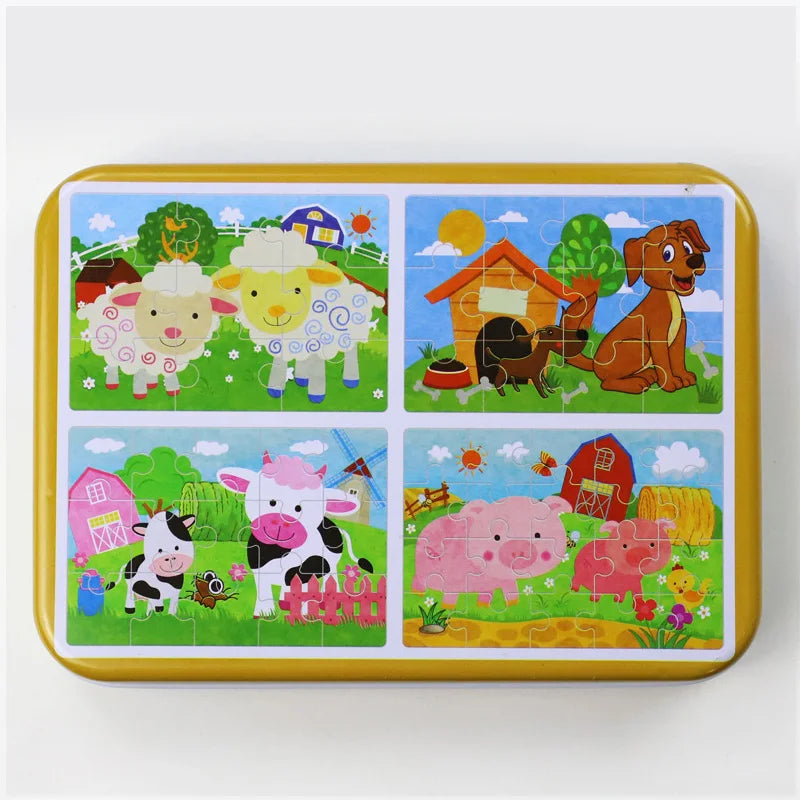 Kindergarten Children Wooden Puzzle 9/12/15/20 Pcs 4 in 1 Cartoon Animal Jigsaw with Iron Box Kids Educational Toy