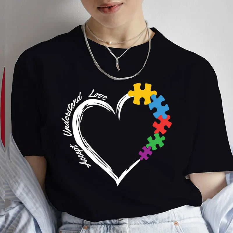 Autism Tee Shirt Femme Accept Understand Love Tshirt Autism Awareness T-Shirt Puzzle Piece Shirt Tops Autism Teacher Tee Clothes