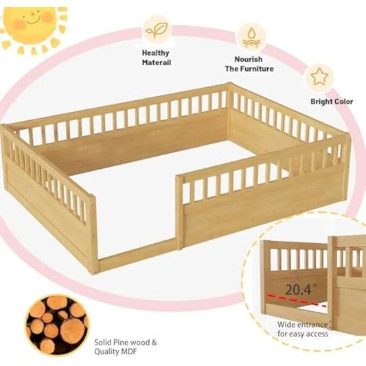 Floor Bed for Kids, Montessori Bed with High Fence Railings, Wood Playhouse Bed with Rails for Baby Boys Girls Teens